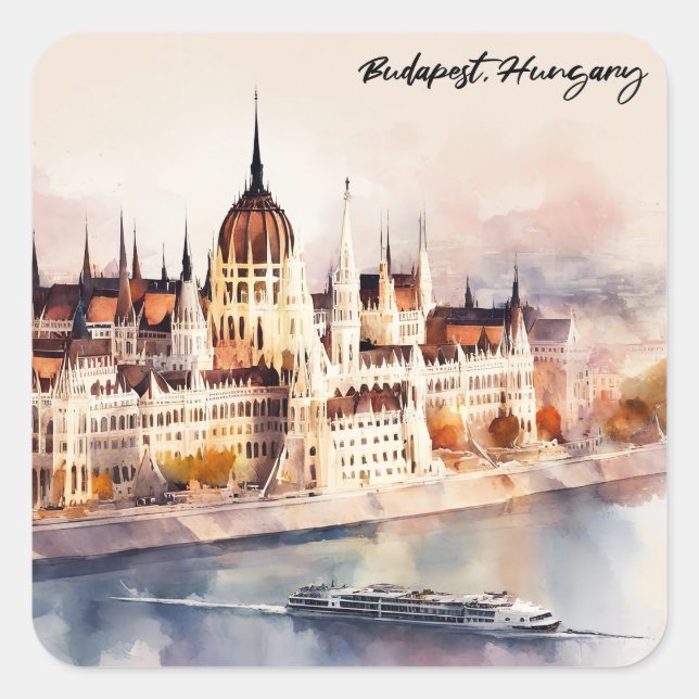 Budapest Hungary Watercolor Painting Panorama View Quadratischer Aufkleber (Vorderseite)