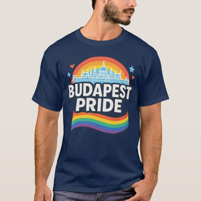 Budapest Pride LGBTQ+ Rainbow Skyline T-Shirt (Vorderseite)