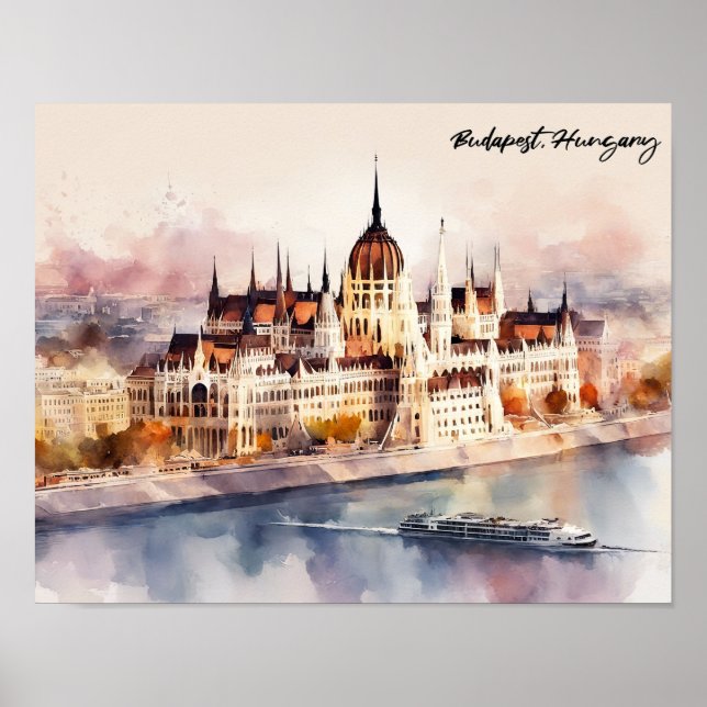 Budapest Ungarn Aquarellmalerei Panoramablick Poster (Vorne)