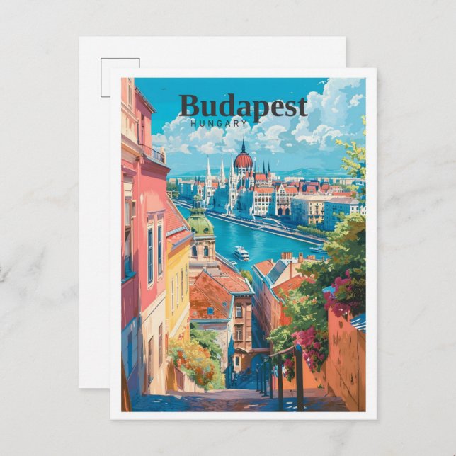 Budapest Ungarn Art Vintage Reise Postkarte (Vorne/Hinten)