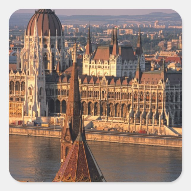 Budapest, Ungarn, Donau Fluss, Parlament Quadratischer Aufkleber (Vorderseite)