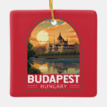 Budapest Ungarn Reisen Kunst Vintag Keramikornament<br><div class="desc">Budapester Retrovektor-Reisedesign im Stil eines Emblems. Budapest,  Ungarns Hauptstadt,  wird von der Donau geteilt. Die Kettenbrücke aus dem 19. Jahrhundert verbindet das hügelige Stadtviertel Buda mit dem flachen Pest.</div>