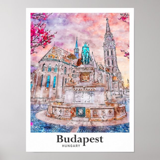 Budapest Ungarn Reisen Wasserfarben Hand zeichnen Poster (Vorne)