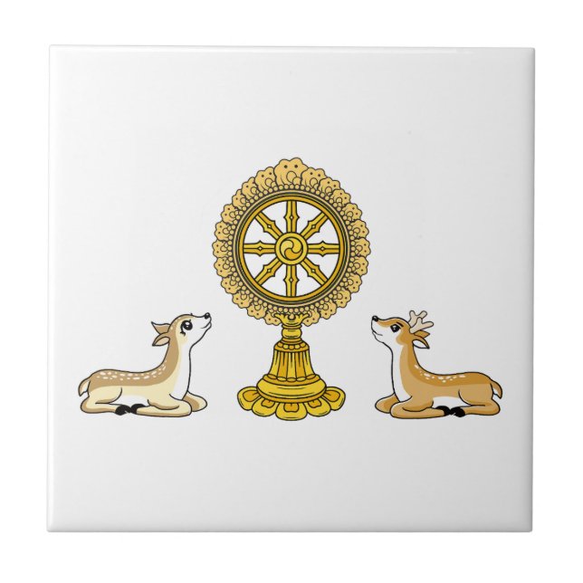 Buddha Dharma Wheel & Deers Keramik Tile Fliese (Vorderseite)