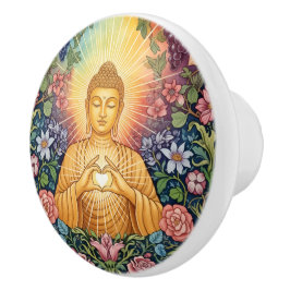 Buddha, Herz des Lichts, Blumendekor, Vintage Keramikknauf