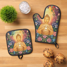 Buddha, Herz des Lichts, Küche, floral, Vintag Ofenhandschuh & Topflappen-Set