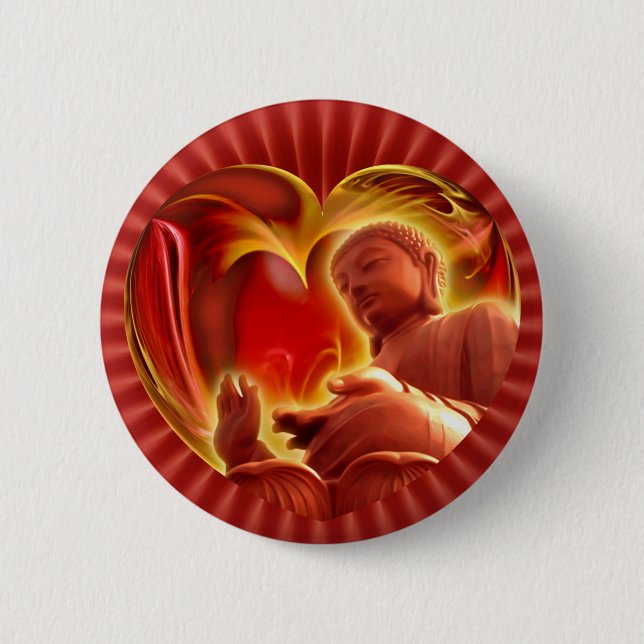 BUDDHA Herz | rote Radialstrahlen Button (Vorderseite)