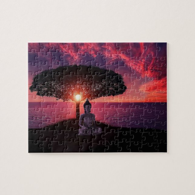 Buddha im roten Abends-Himmel Puzzle (Horizontal)