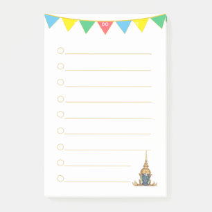Buddha-Kopf und mehrfarbige Flaggen To-Do-Liste Li Post-it Klebezettel