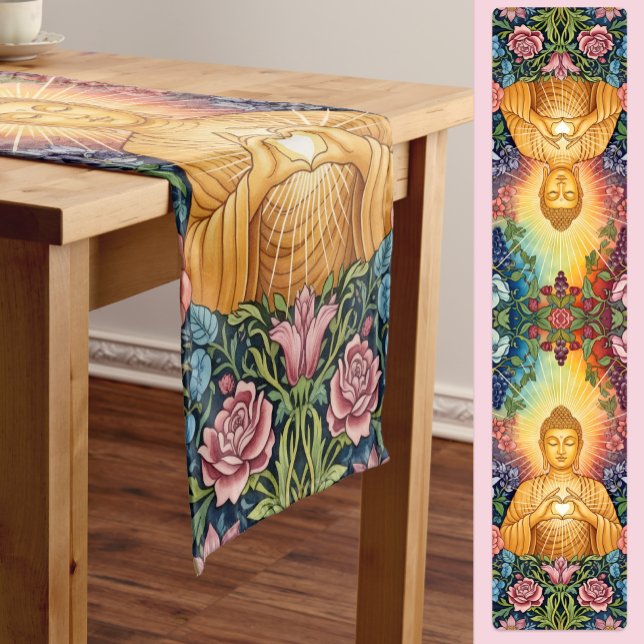 Buddha, Lichtherz, Meditation, Vintages Blumenmust Kurzer Tischläufer (Buddha with heart of light Table Runner)