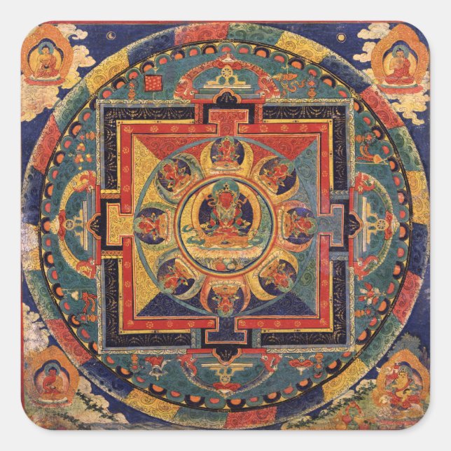 Buddha Mandala Antique Reproduction Thanka Quadratischer Aufkleber (Vorderseite)