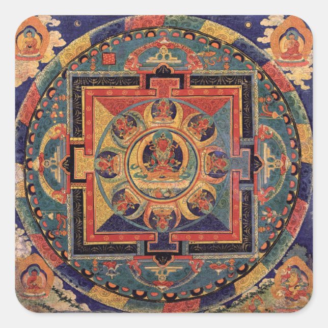 Buddha Mandala Antique Tibetan Thanka Quadratischer Aufkleber (Vorderseite)