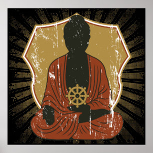 Buddha Meditating Dharma Wheel Poster