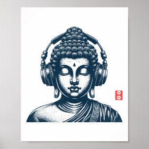 Buddha mit Kopfhörern Vintage Retro Grau, Uni Poster