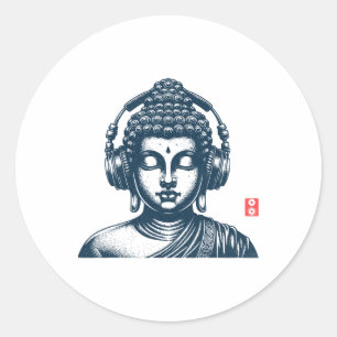 Buddha mit Kopfhörern Vintage Retro Grau, Uni Runder Aufkleber