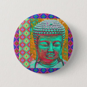 Buddha-Pop mit Patchwork-Borders in Blau und Rosa Button