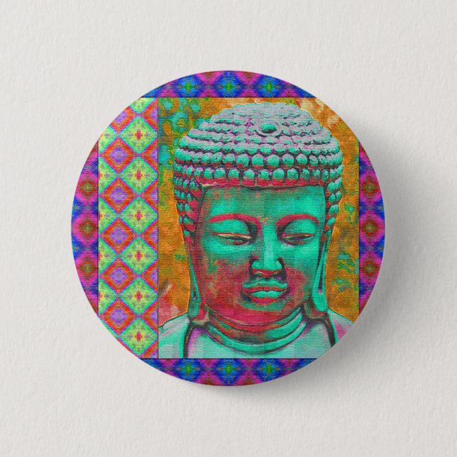 Buddha-Pop mit Patchwork-Borders in Blau und Rosa Button (Vorderseite)