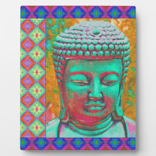 Buddha-Pop mit Patchwork-Borders in Blau und Rosa Fotoplatte