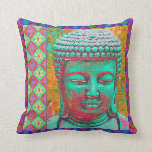 Buddha-Pop mit Patchwork-Borders in Blau und Rosa Kissen