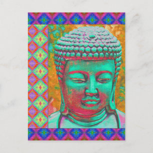Buddha-Pop mit Patchwork-Borders in Blau und Rosa Postkarte