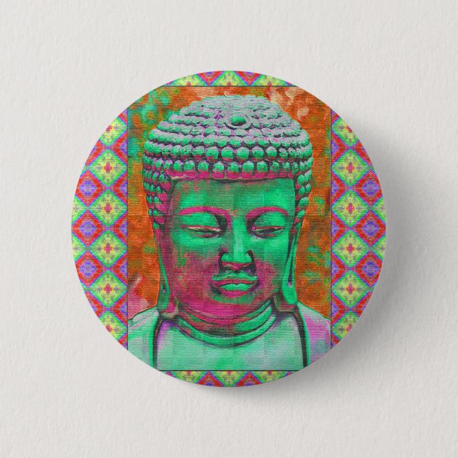 Buddha-Pop mit Patchwork-Grenzen in grün und rot Button (Vorderseite)