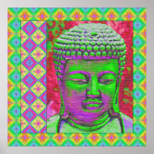 Buddha-Pop mit Patchwork-Grenzen in grün und rot Poster
