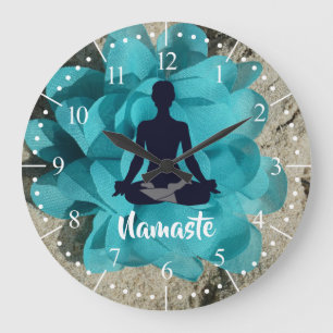 Buddha Silhouette Stoff Türkis Lotus Blume Große Wanduhr