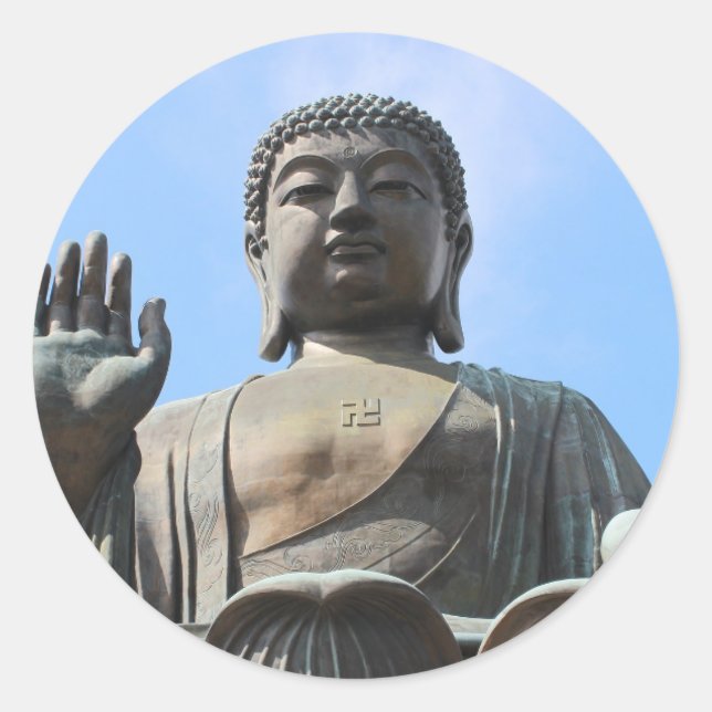 Buddha Statue in Blue Sky, Hand erhöht Runder Aufkleber (Vorderseite)