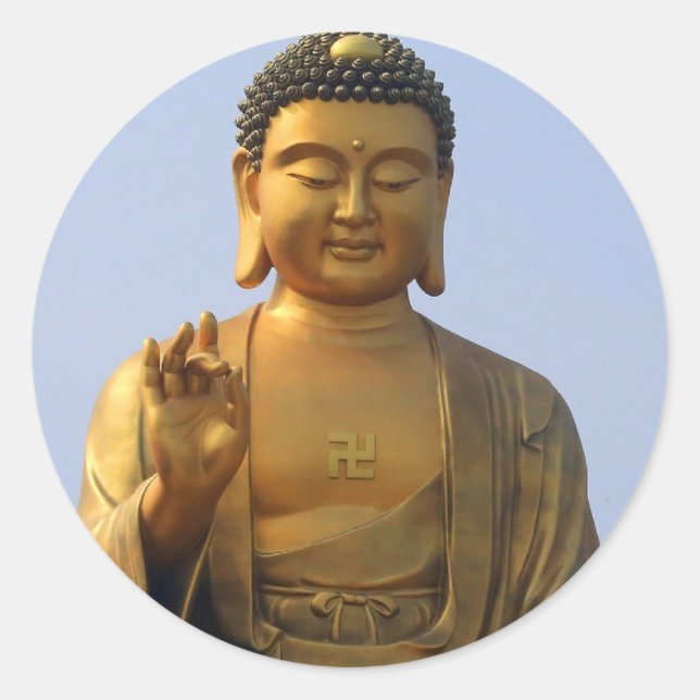 Buddha Statue in Blue Sky, Hand erhöht Runder Aufkleber (Vorderseite)