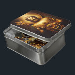 Buddha-Statue mit Lotus in sanftem Licht Puzzle<br><div class="desc">Ein prächtiger,  goldener Buddha steht anmutig und hält eine Lotus-Blume in der einen und ein Zepter in der anderen. Weiche,  warme Beleuchtung beleuchtet die Figur,  verstärkt ihren ruhigen Ausdruck und verfeinert Details.</div>