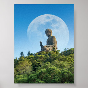 Buddha-Statue mit Vollmond Poster