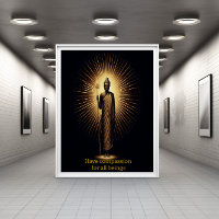 Buddha stehend inmitten strahlender Lichter.