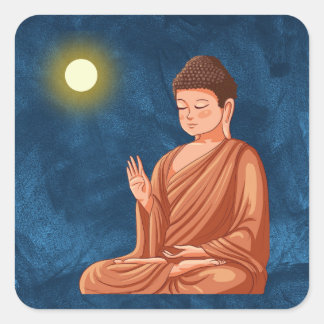 Buddha unter dem Mond auf blauem Abstrakt vermitte Quadratischer Aufkleber