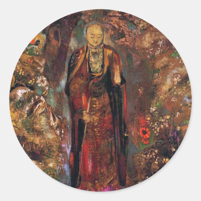 Buddha Walking zwischen den Blume Runder Aufkleber (Vorderseite)