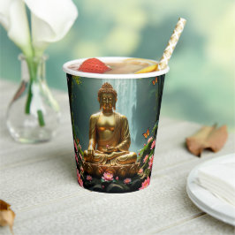 Buddha, Wasserfall, Schmetterlinge, Lotus Pappbecher