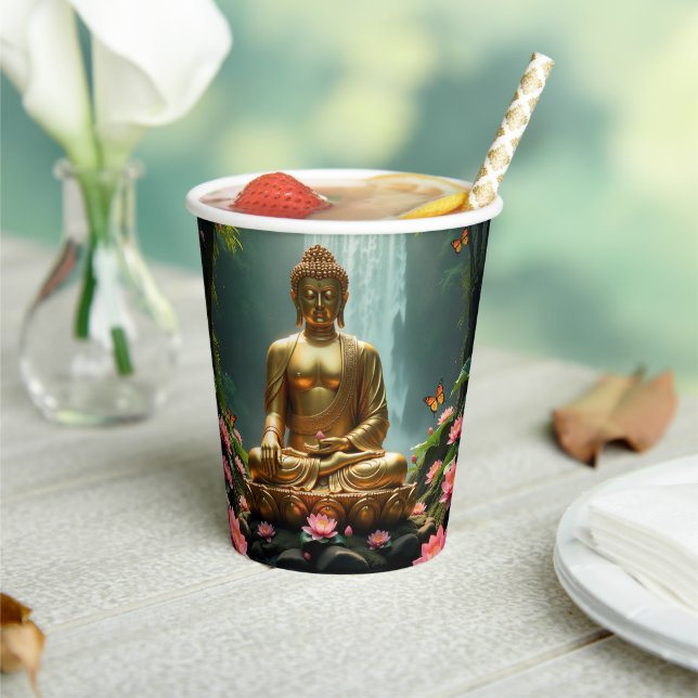 Buddha, Wasserfall, Schmetterlinge, Lotus Pappbecher (In Situ)
