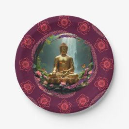 Buddha, Wasserfall, Schmetterlinge, Lotus Pappteller