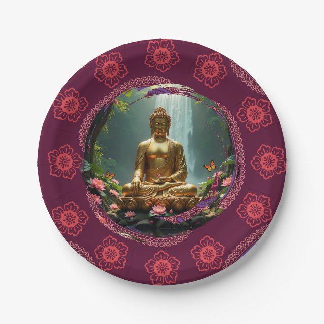 Buddha, Wasserfall, Schmetterlinge, Lotus Pappteller (Vorderseite)