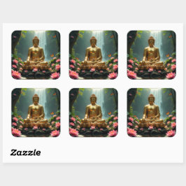 Buddha, Wasserfall, Schmetterlinge, Lotus Quadratischer Aufkleber