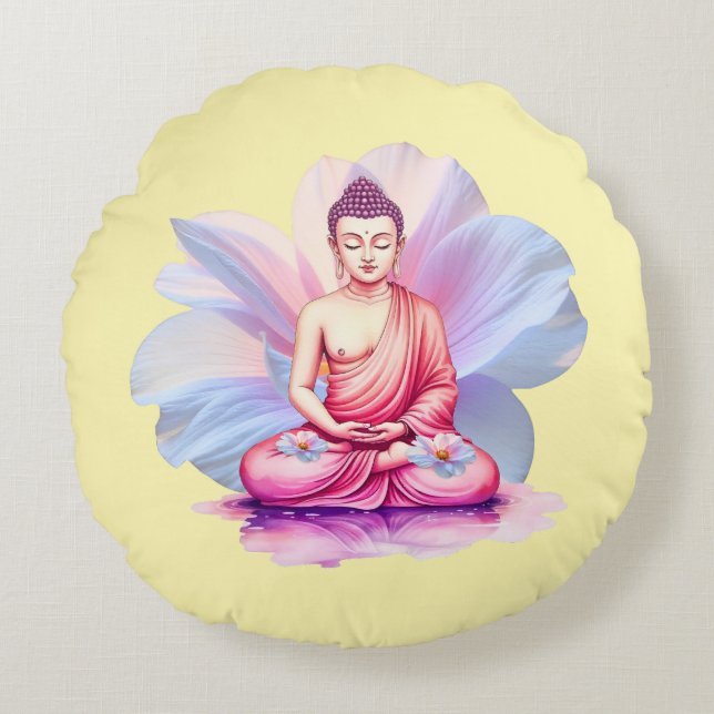 Buddha Watercolor Pillow, Meditation / Yoga Rundes Kissen (Vorderseite)