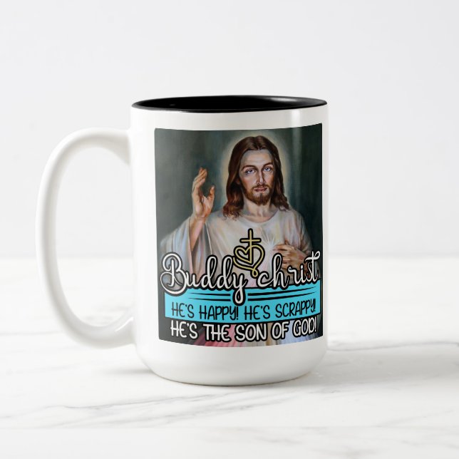 Buddy Christ, er ist glücklich! Er ist schwül! Zweifarbige Tasse (Links)