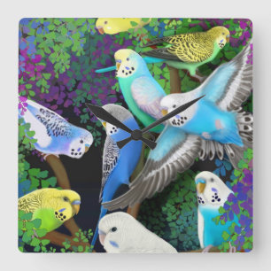 Budgerigars in Ferns Wall Clock Quadratische Wanduhr