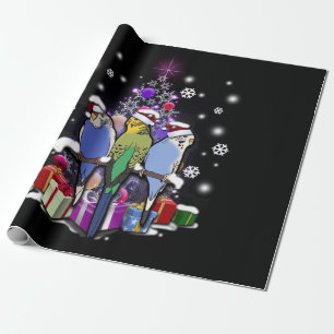 Budgerigars mit Weihnachtsgeschenk und Geschenkpapier