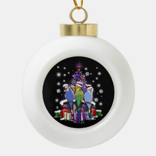Budgerigars mit Weihnachtsgeschenk und Keramik Kugel-Ornament