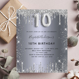 Budget 10. Geburtstag Silber Glitzer Einladung