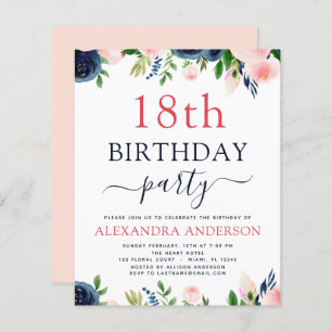 Budget 18. Geburtstag Navy Blue Blush Pink Floral