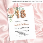 Budget 18th birthday floral rose gold eucalyptus<br><div class="desc">Eine elegante Einladung zu einer 18. Geburtstagsfeier. Ein schick weißer Hintergrund. Dekoriert mit einer Rose Gold und rot rosa Rose Blume, florale, grüne Eukalyptus Blätter, Sprigs, Grün und Imitat Goldsprigs. Personalisieren und Name und Party Details. Schwarze und goldene Buchstaben. Der Name ist mit einem modernen handgeschriebenen Stilskript geschrieben. Nummer 18...</div>