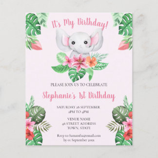 Budget 1 Geburtstag Pink Elephant Girl Einladung