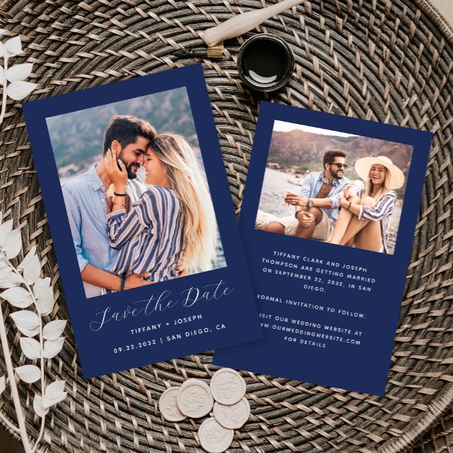 Budget 2-Foto Navy Blue Save the Date (Von Creator hochgeladen)