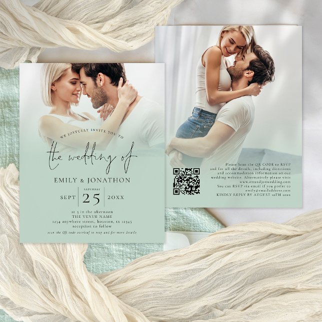 Budget 2 Foto Overlay Script QR Sage Wedding (Front and back view of the budget invitation)